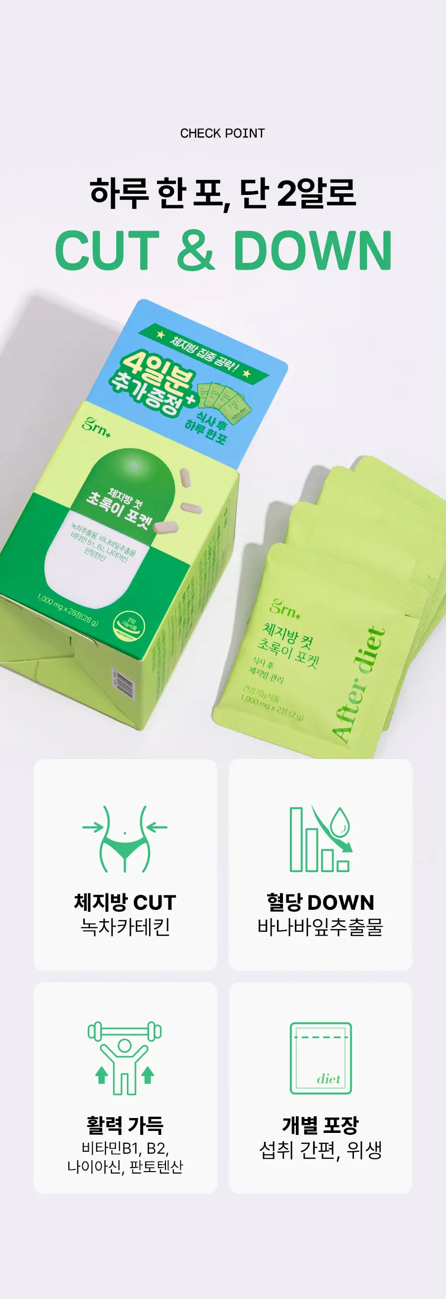 grn+ 체지방 컷 초록이 포켓 10포+4포증정 (14일분) 상세페이지 4