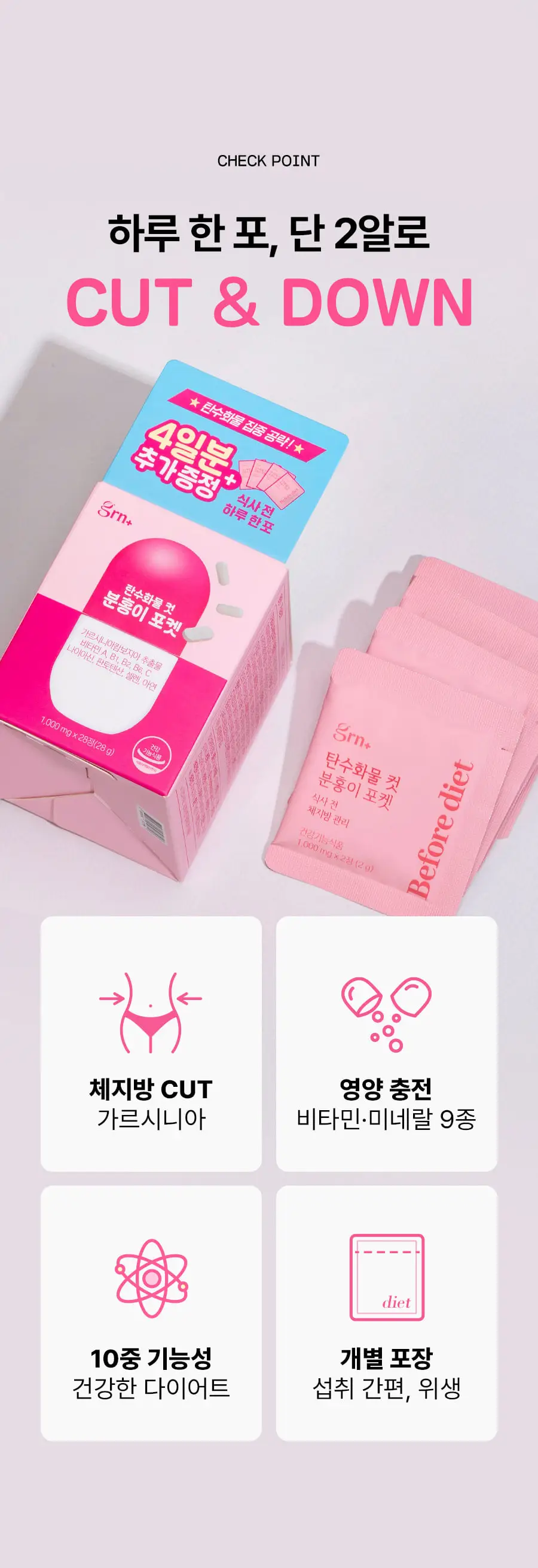 grn+ 탄수화물 컷 분홍이/초록이 포켓 10포+4포증정 (14일분) 2종 택1 상세페이지 4