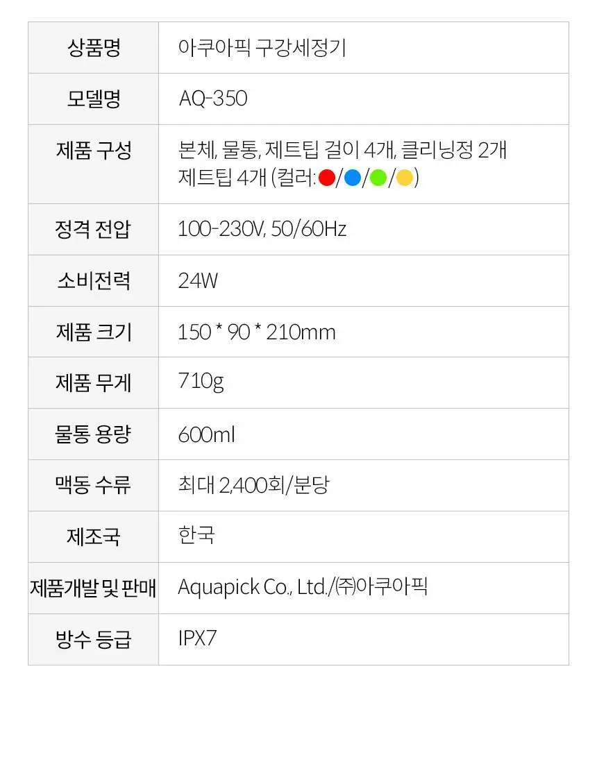 아쿠아픽 구강세정기 AQ-350 2colors (핑크/그레이) 상세페이지 34