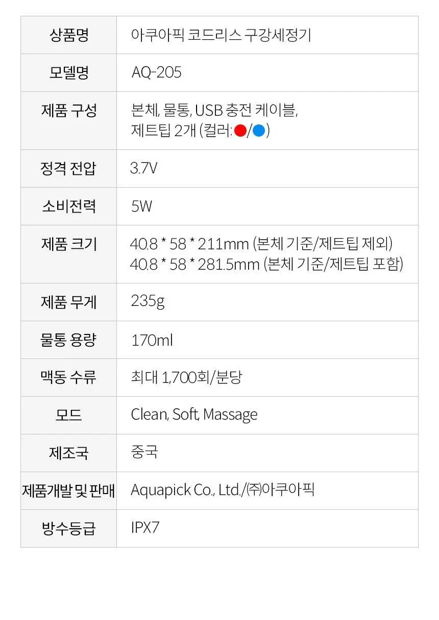 아쿠아픽 코드리스 구강세정기 AQ-205 3colors (화이트/핑크/민트) 상세페이지 39