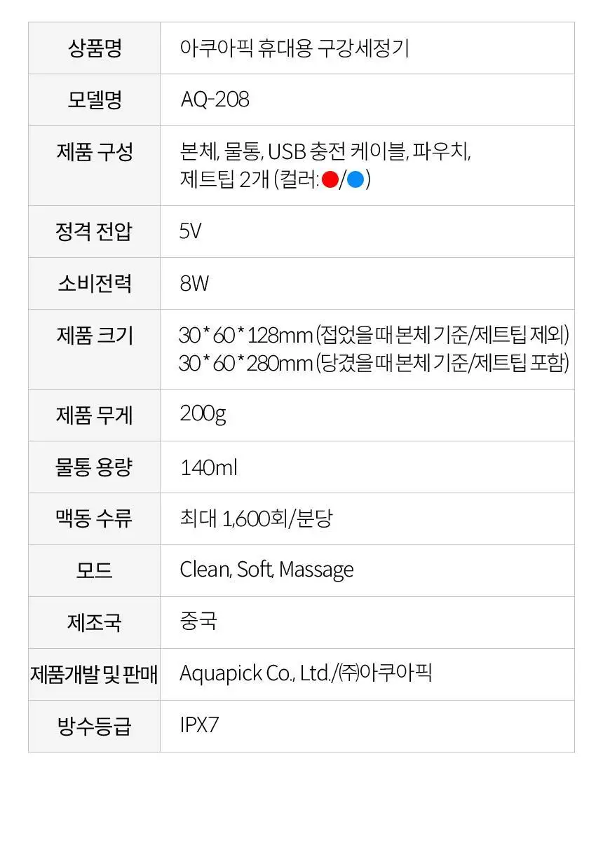 아쿠아픽 휴대용 구강세정기 AQ-208 2colors (화이트/핑크) 상세페이지 35