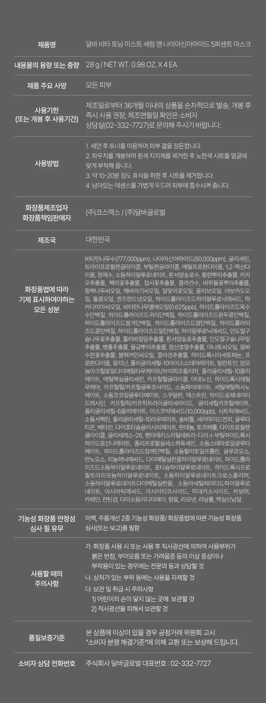 달바 비타 토닝 미스트 세럼 앤 나이아신아마이드 5퍼센트 마스크 1매입(온) 상세페이지 18