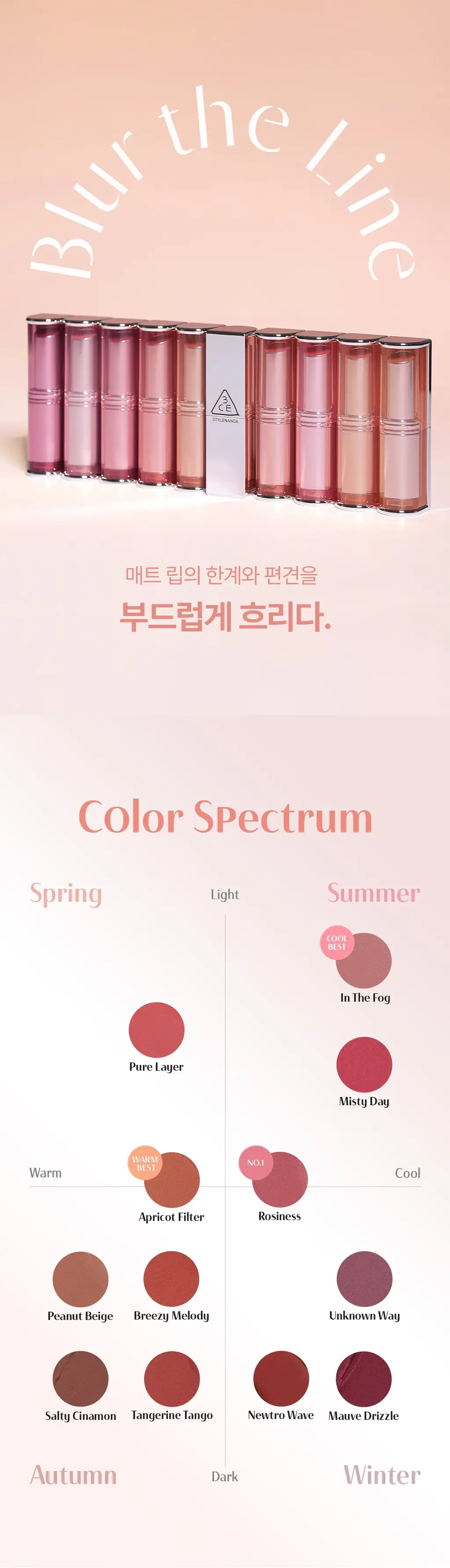 3CE 블러 매트 립스틱 4g 10종 상세페이지 2