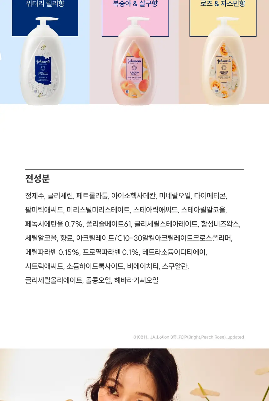 존슨즈 뷰티 로션 500ml 3종 택 1 (청순형광등/물먹복숭아/속광로즈) 상세페이지 17