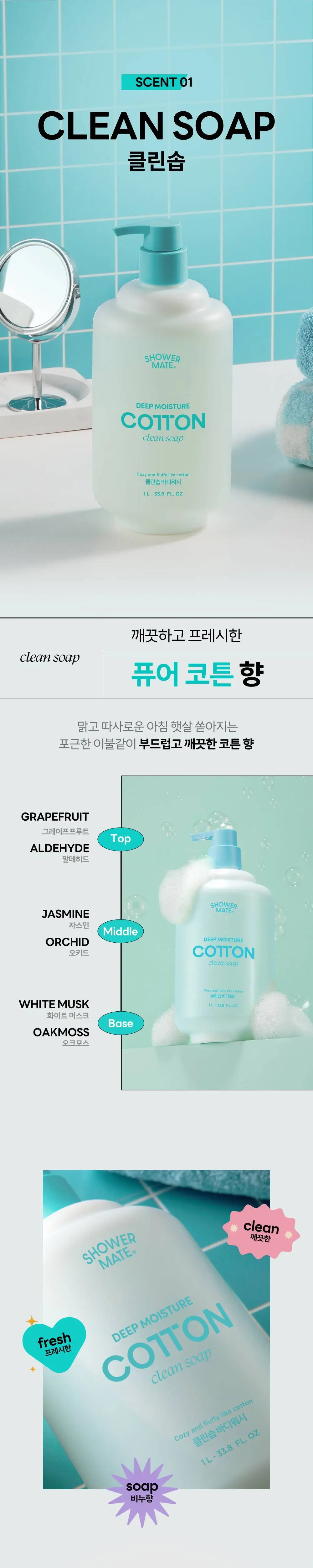 샤워메이트 딥모이스처 코튼 바디워시 1L 3종 택1 상세페이지 2