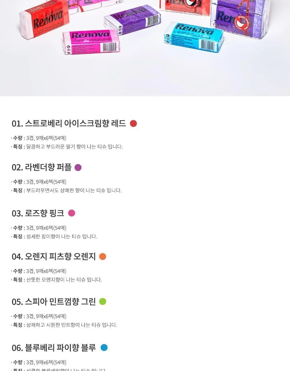 레노바 3겹 컬러 포켓티슈 9매 * 6팩 (컬러 7종 택1) 상세페이지 5