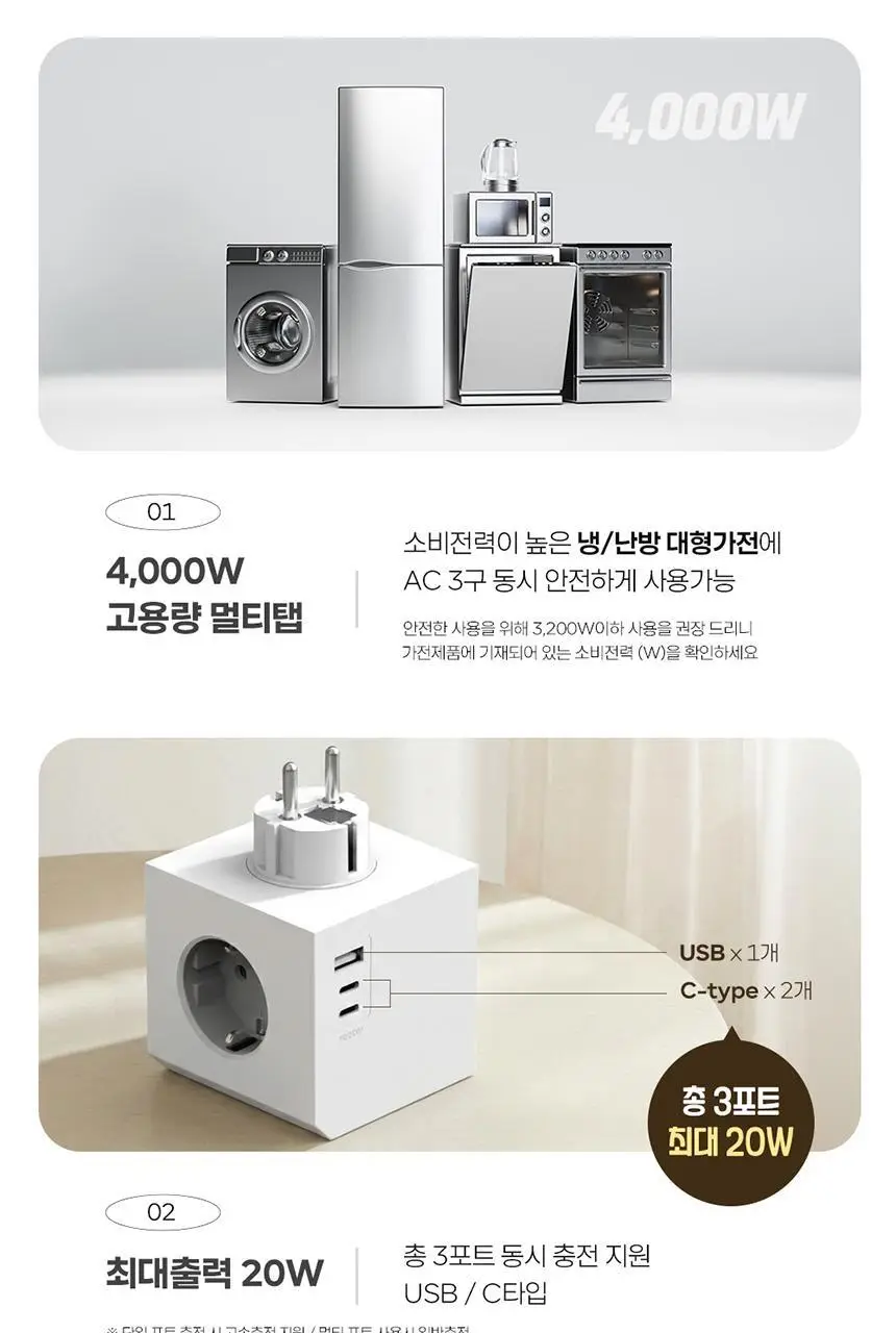 번개표 큐브멀티탭 고용량 3구 C타입 USB (콘센트형,전선형) 4color 상세페이지 12