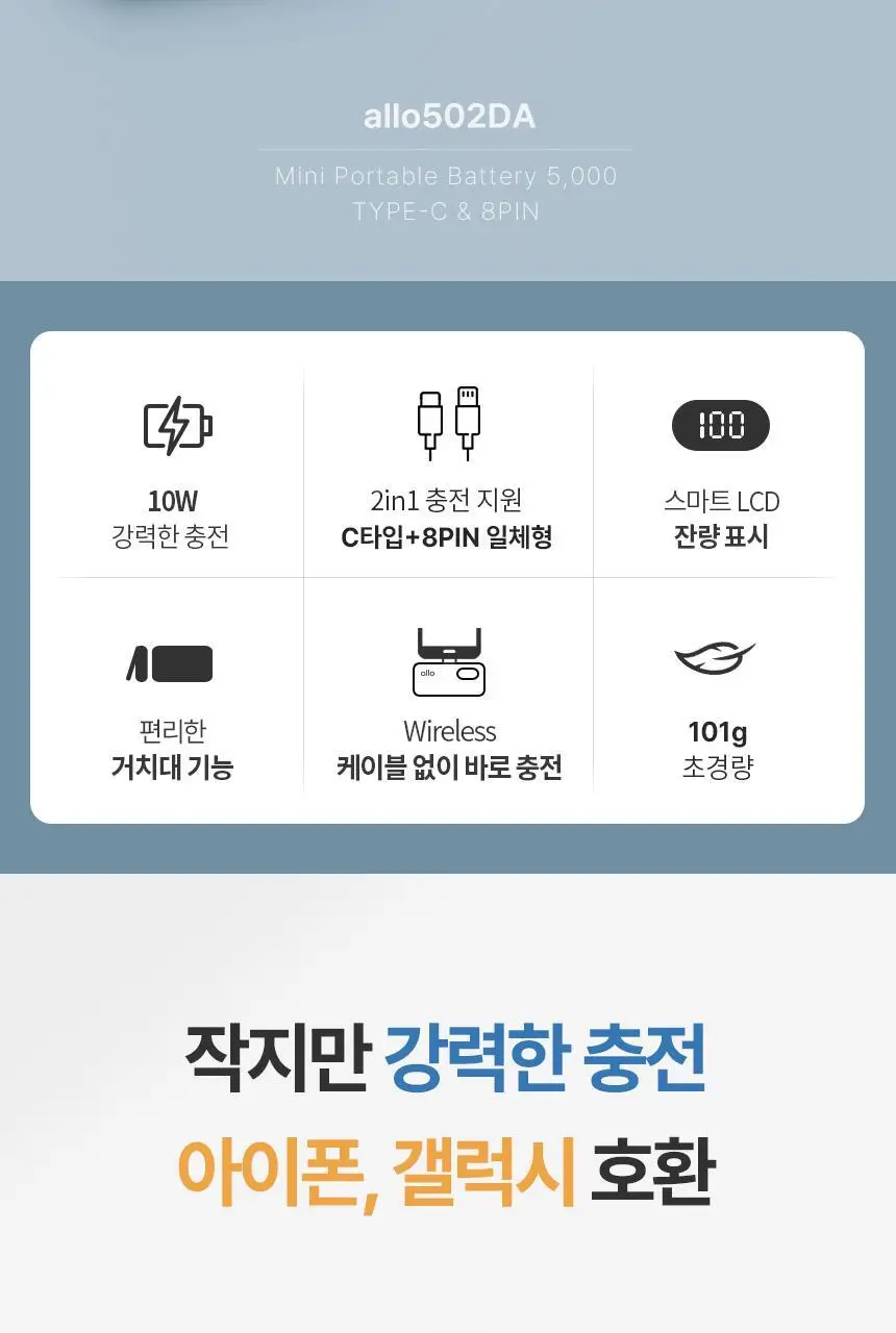 알로코리아 10W 듀얼 충전 도킹형 미니 보조배터리 5,000mAh 상세페이지 3