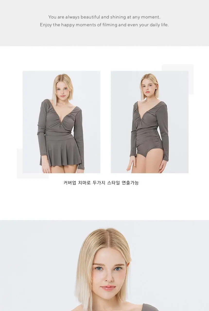 브이넥 그레이 골지 긴팔 수영복 치마 세트 상세페이지 3