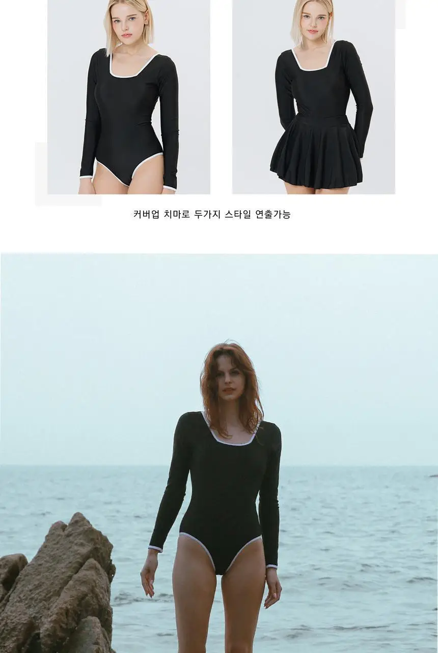 스퀘어넥 라인 긴팔 원피스 치마 분리 수영복 상세페이지 3