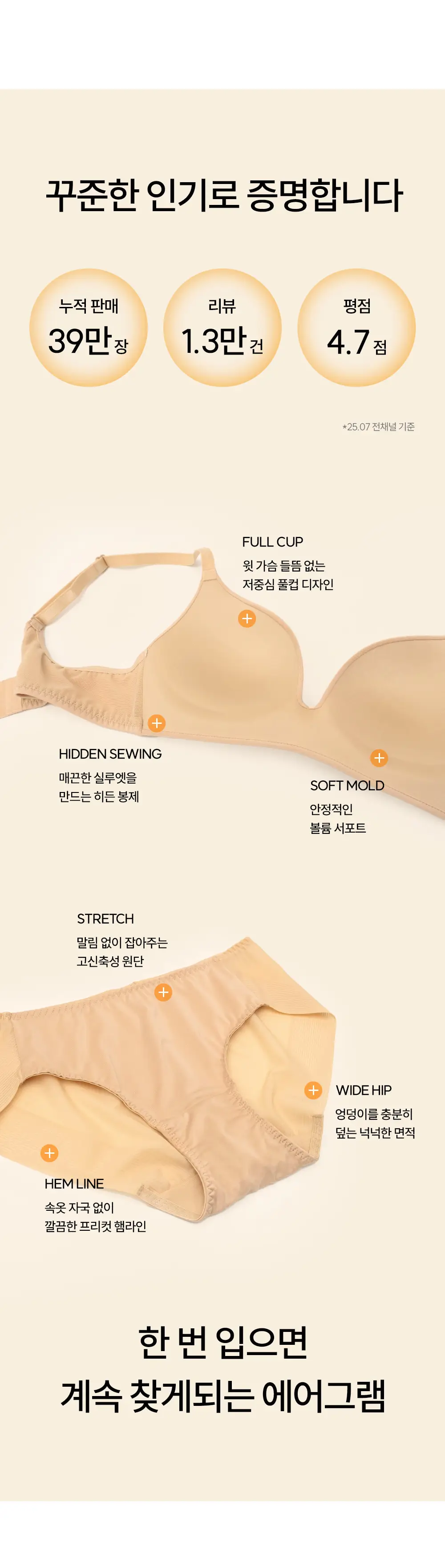 마른파이브 에어그램 노와이어 브라 팬티 세트(브라 1매+팬티 2매 구성, 블랙 세트/스킨 세트) 상세페이지 4