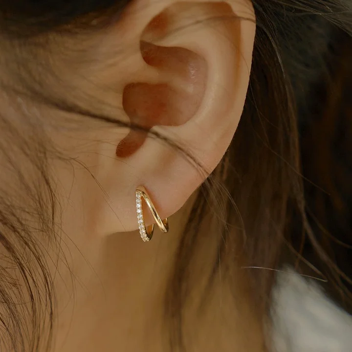 더블유비엘 14k post 듀얼 샤인 원터치 링 귀걸이