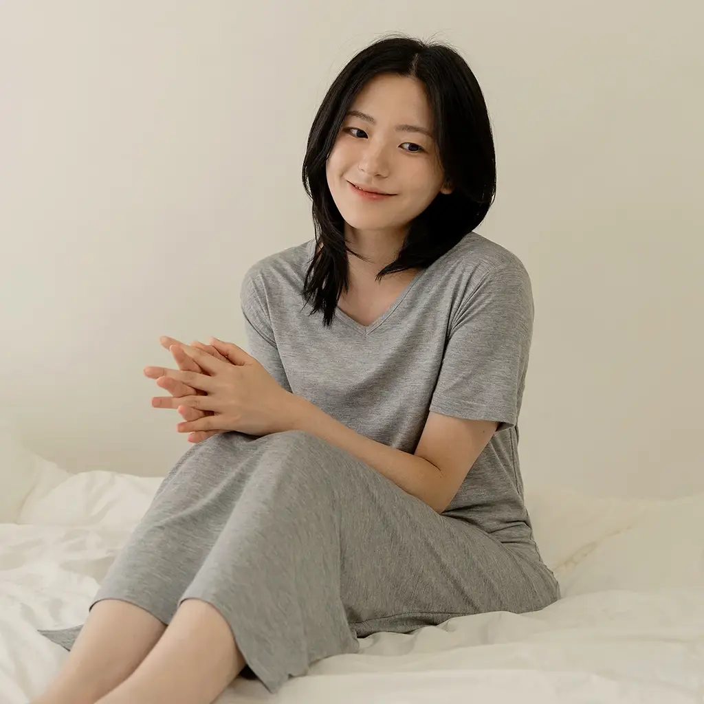 마른파이브 모달 브이넥 롱 원피스 잠옷 (블랙/차콜/라이트그레이)