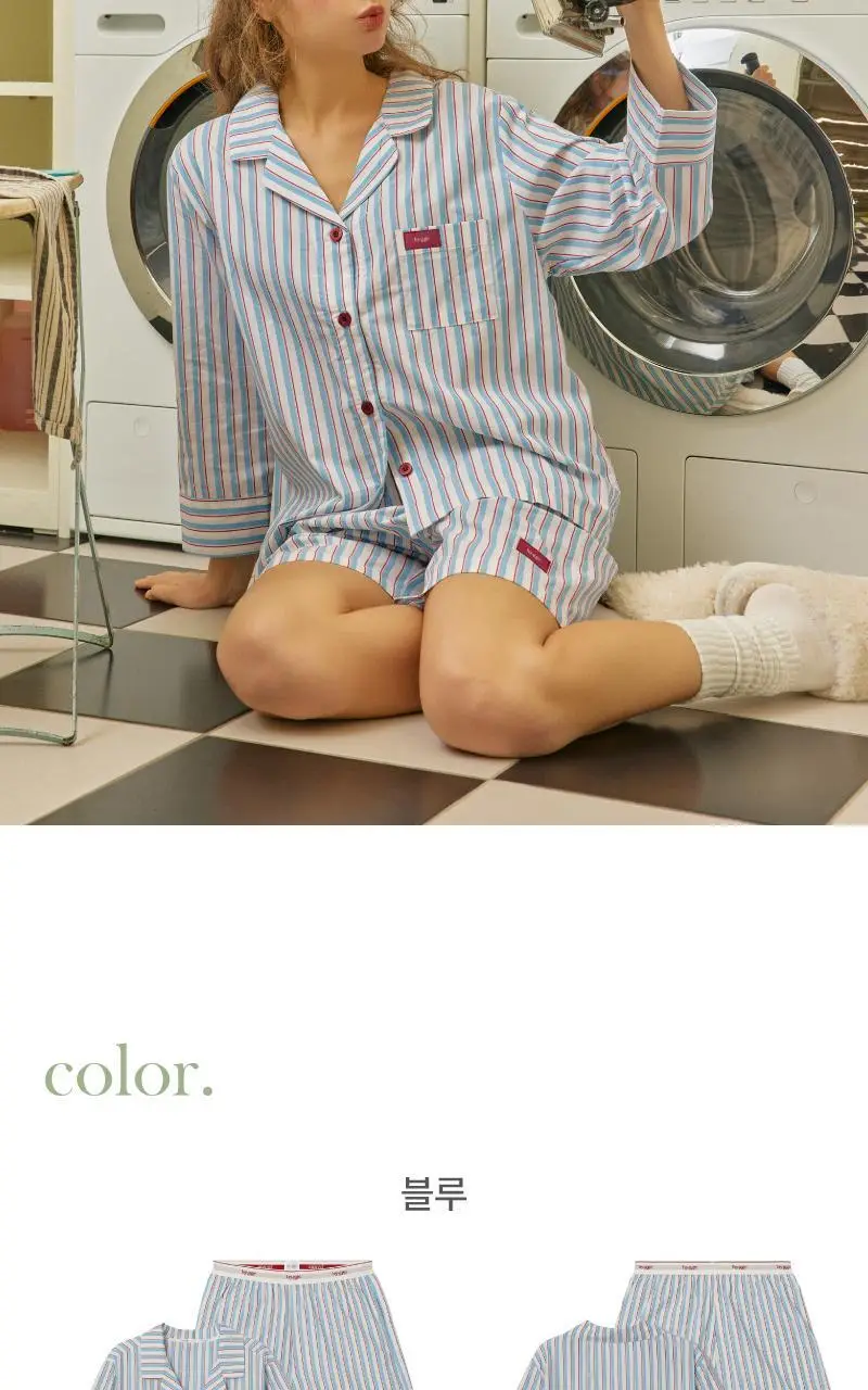 휘게 언더웨어 스트라이프 패턴 롤리팝 코튼 파자마 세트 홈웨어 이지웨어 - 블루 상세페이지 16