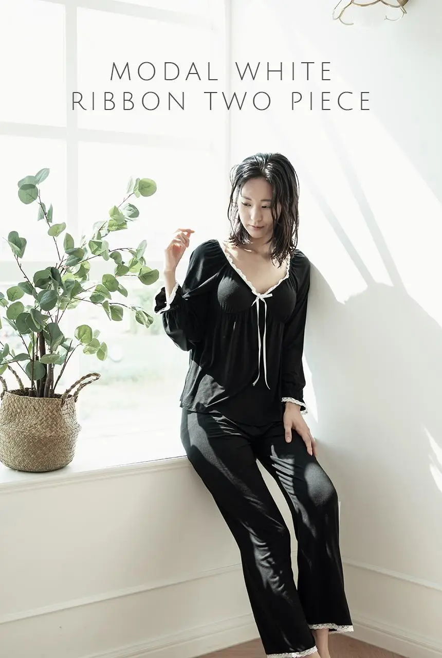 RYMD 모달 브라캡 긴소매 화이트리본 투피스 홈웨어 블랙 상세페이지 2