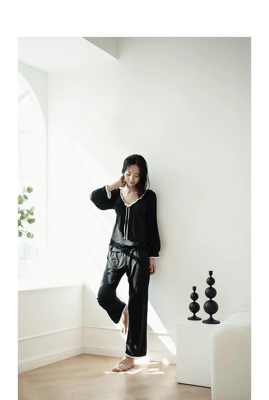 RYMD 모달 브라캡 긴소매 화이트리본 투피스 홈웨어 블랙 상세페이지 5