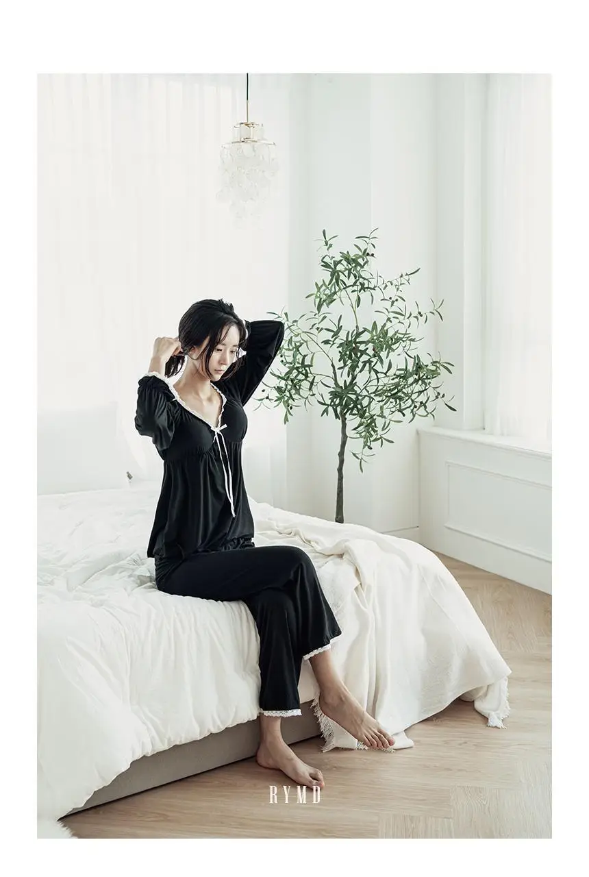 RYMD 모달 브라캡 긴소매 화이트리본 투피스 홈웨어 블랙 상세페이지 8