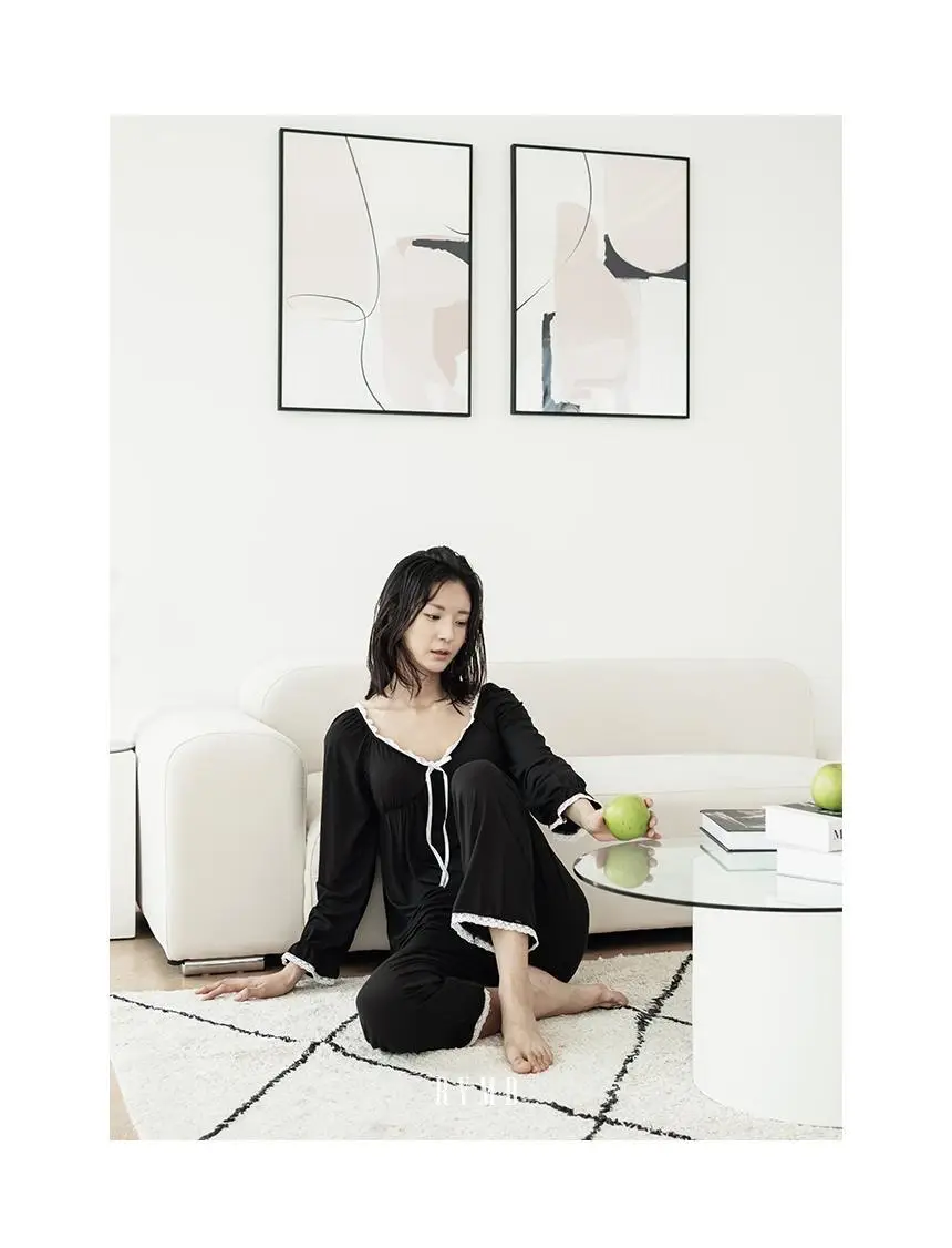 RYMD 모달 브라캡 긴소매 화이트리본 투피스 홈웨어 블랙 상세페이지 12