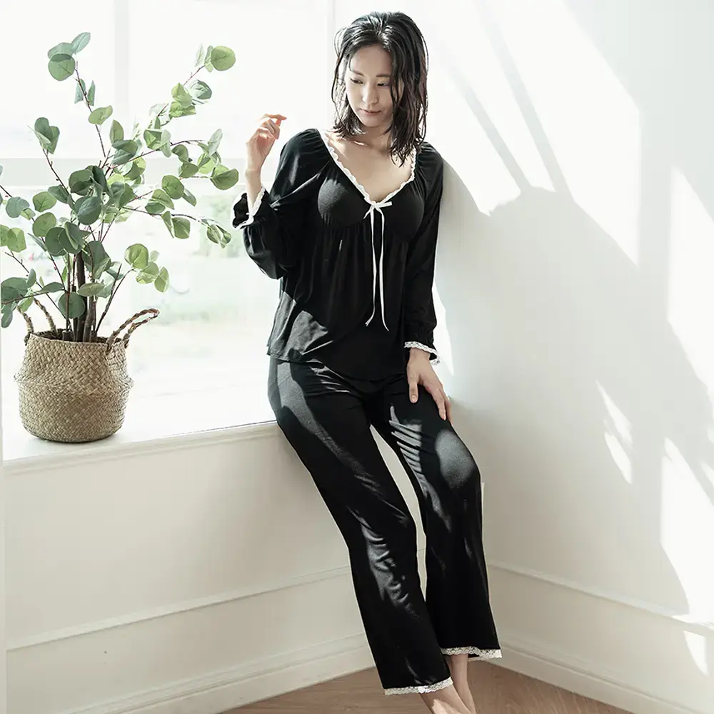 RYMD 모달 브라캡 긴소매 화이트리본 투피스 홈웨어 블랙
