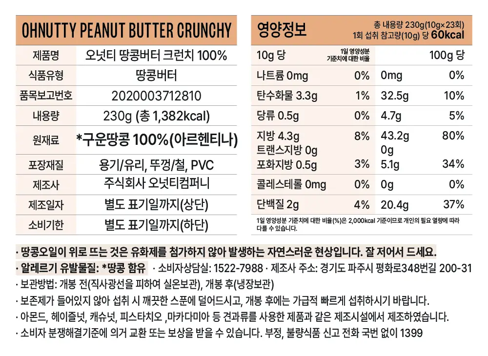 오넛티 100% 땅콩버터 크런치 230g 상세페이지 8