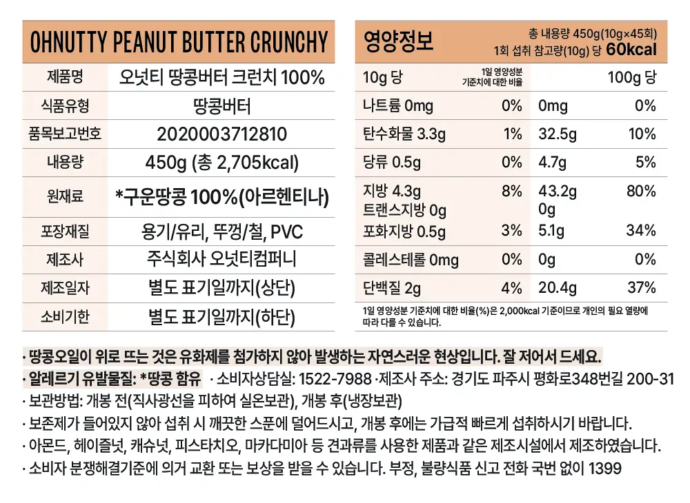 오넛티 100% 땅콩버터 크런치 450g 상세페이지 8