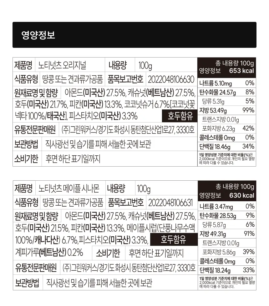 그리니팅 노티넛츠 프리미엄 견과 100g 1팩 2종(오리지널/메이플시나몬) 상세페이지 23