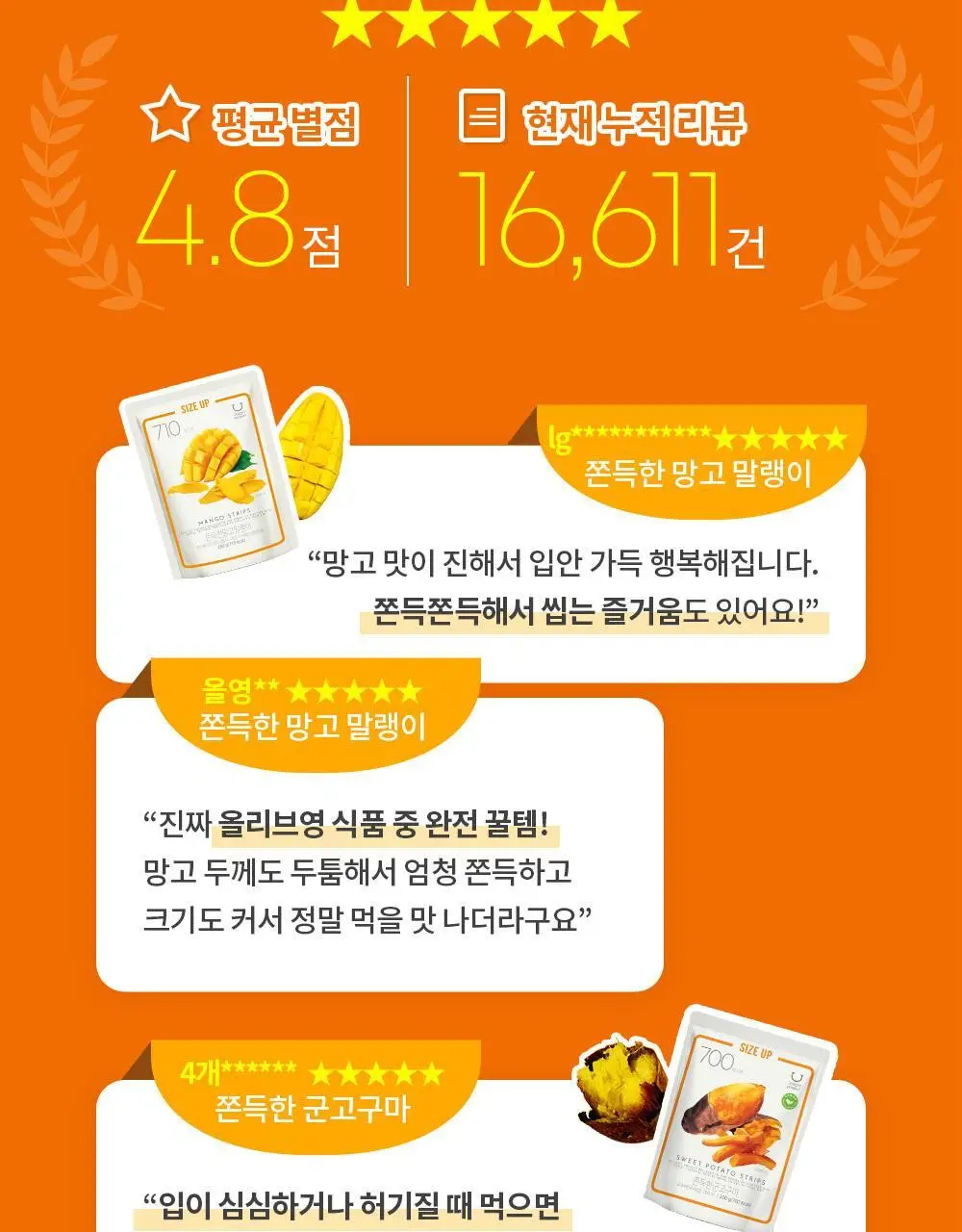 딜라이트 프로젝트 쫀득한 말랭이 대용량 3종 택1 (군고구마/망고/복숭아) 상세페이지 4