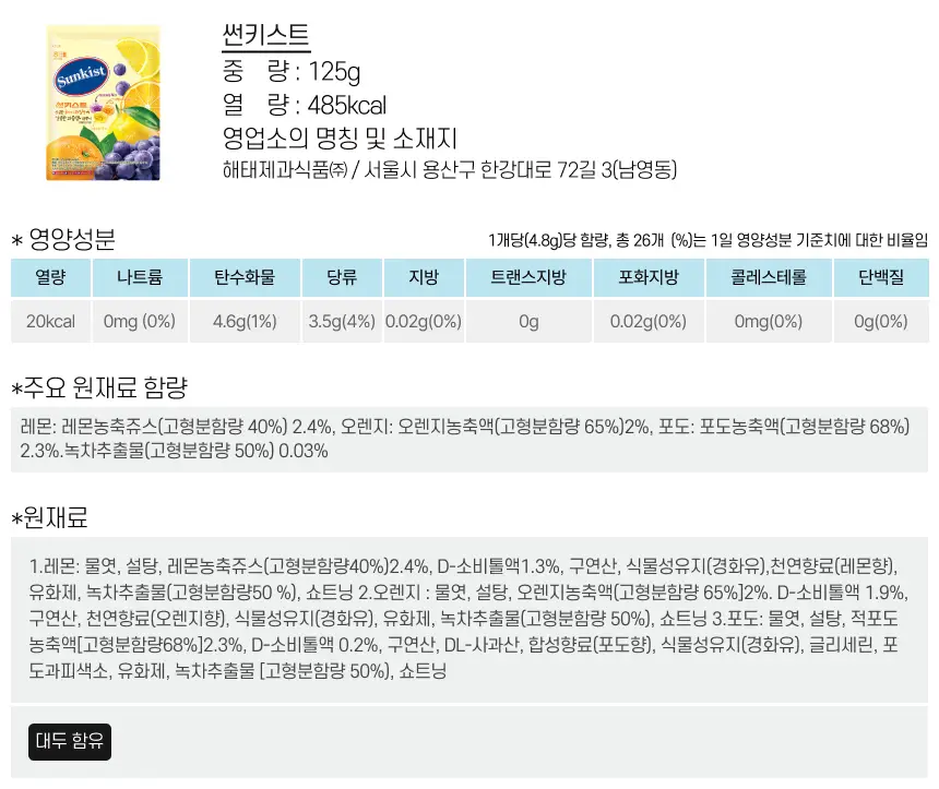 해태 썬키스트 125g 상세페이지 3