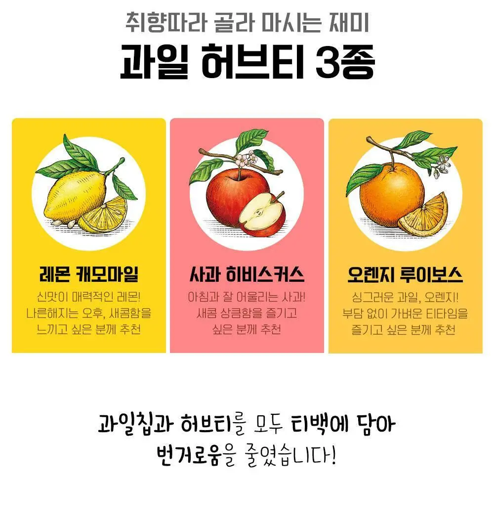 쌍계명차 과일허브티 15티백 3종 중 선택(레몬캐모마일/오렌지루이보스/사과히비스커스) 상세페이지 2