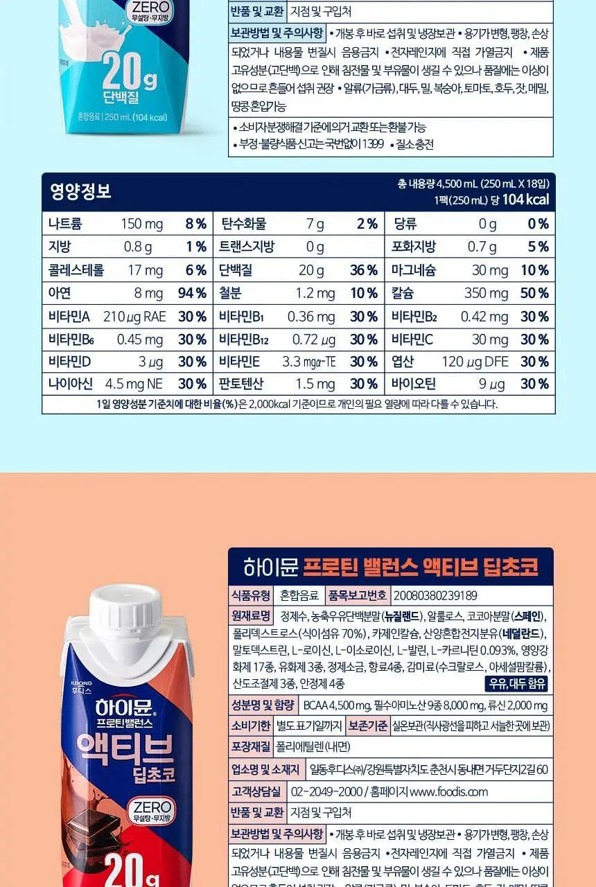 하이뮨 프로틴 밸런스 액티브 ZERO 3종(밀크쉐이크/딥초코/더블샷커피) 250ml*36입 상세페이지 18