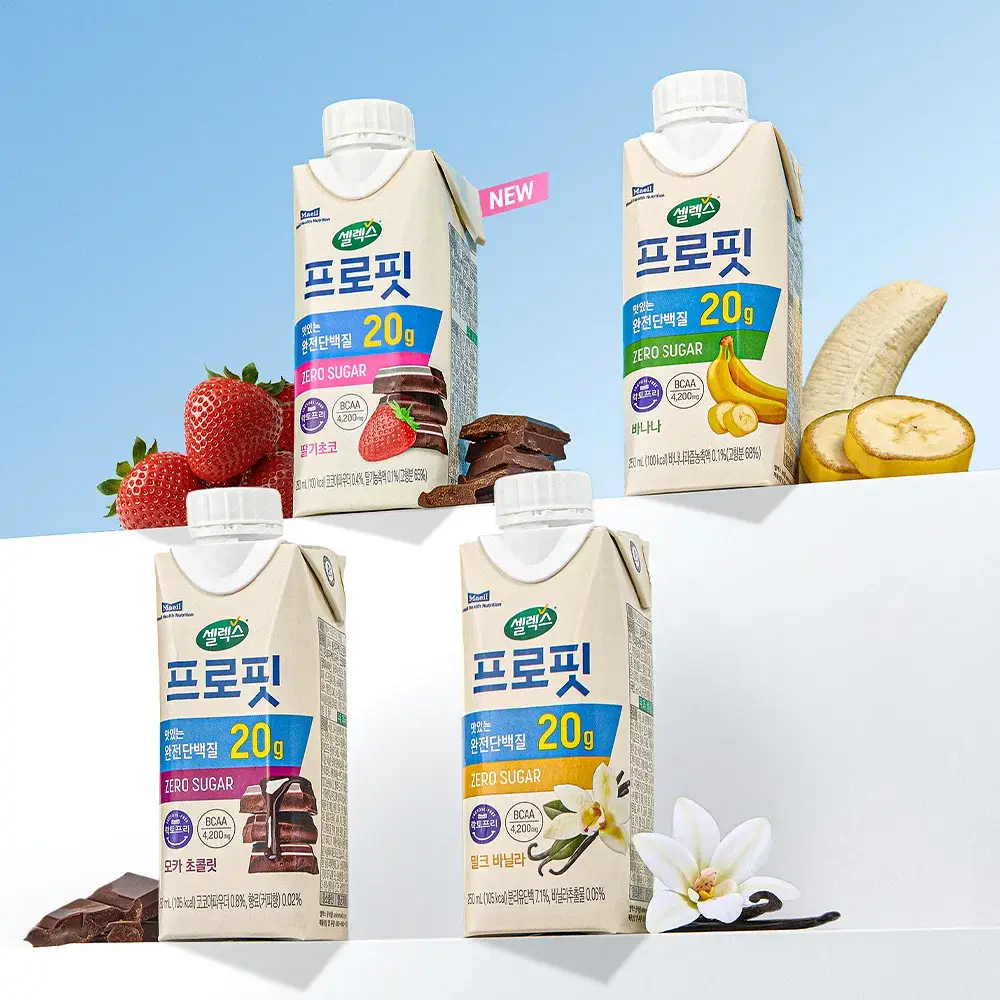 셀렉스 프로핏 완전단백질 음료 250ml 18입 딸기초코/모카초콜릿/밀크바닐라/바나나