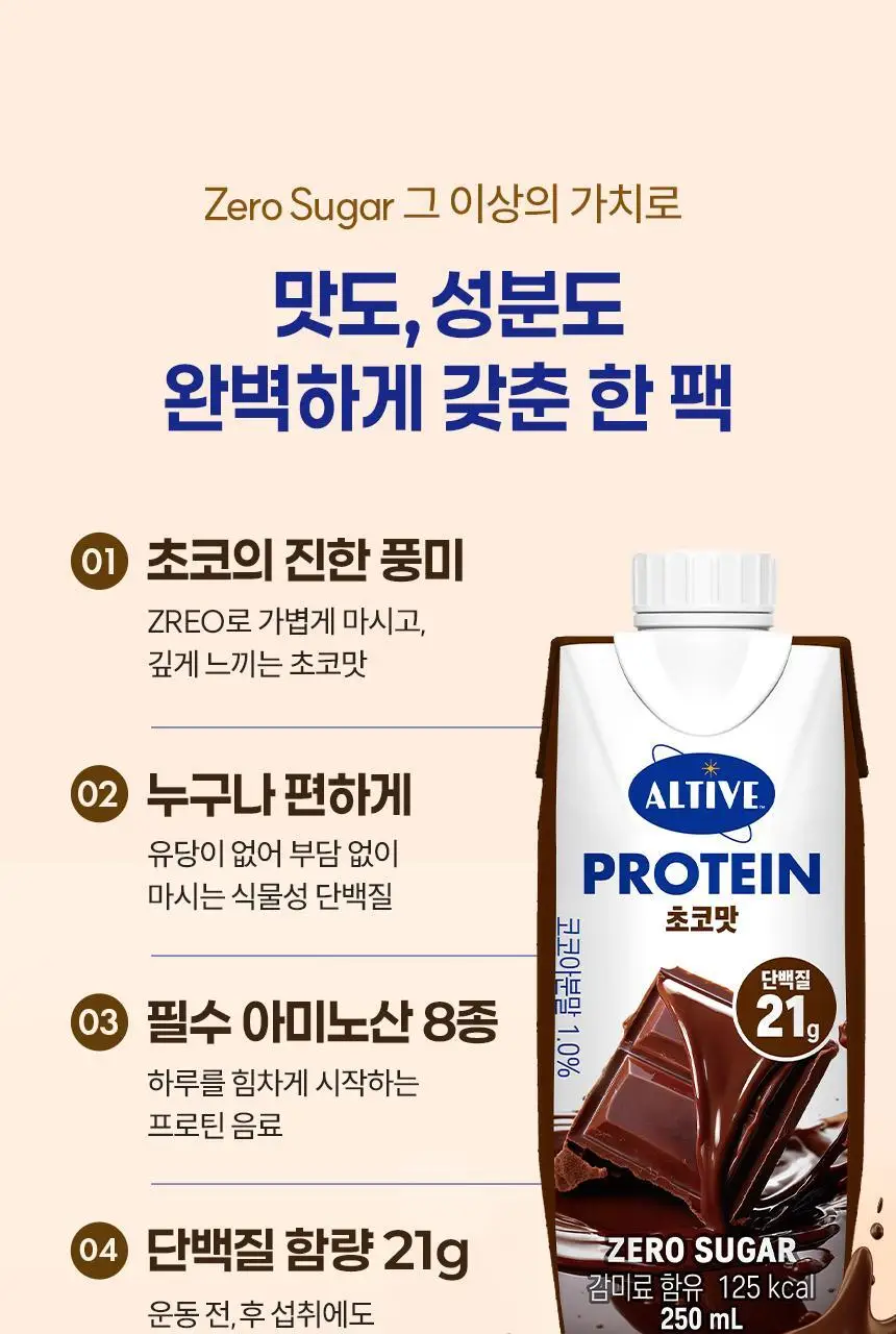 얼티브 ZERO당 프로틴 250ml 6종 택1 (밤/쌀밥/초코/바나나/피스타치오/로얄밀크티) 상세페이지 4