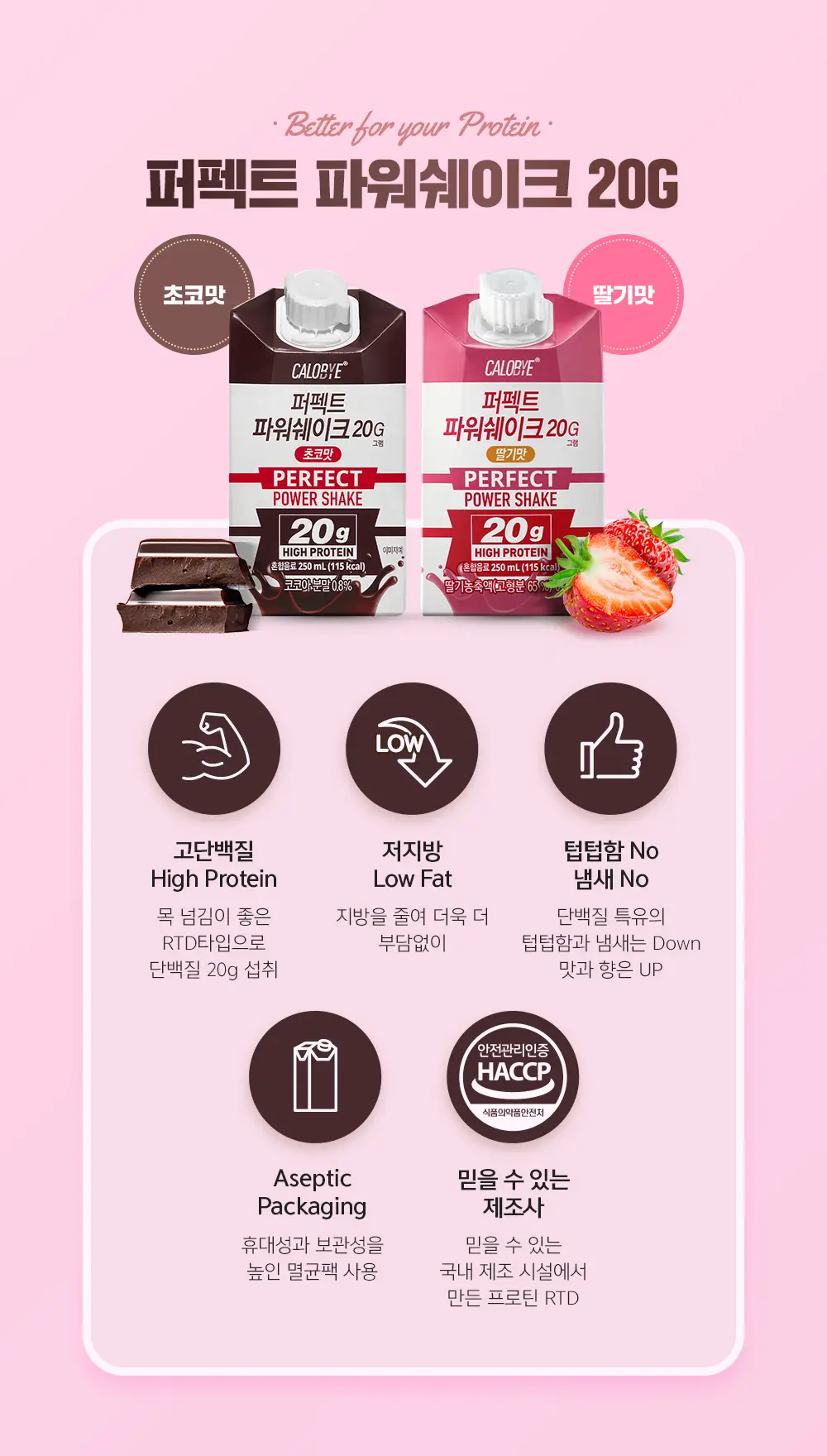칼로바이 퍼펙트 파워쉐이크 20G 초코맛 / 딸기맛 24개입 상세페이지 2