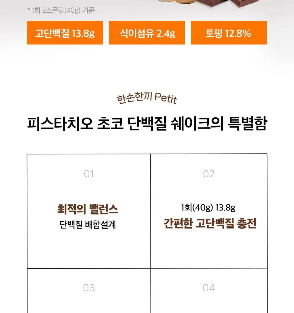 한손한끼 Petit 단백질쉐이크 대용량 490g 4종 택1 (초코/피스타치오초코/딸기/곡물) 상세페이지 48
