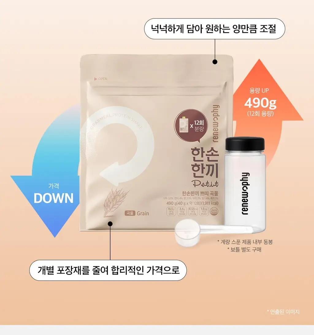 한손한끼 Petit 단백질쉐이크 대용량 490g 4종 택1 (초코/피스타치오초코/딸기/곡물) 상세페이지 116