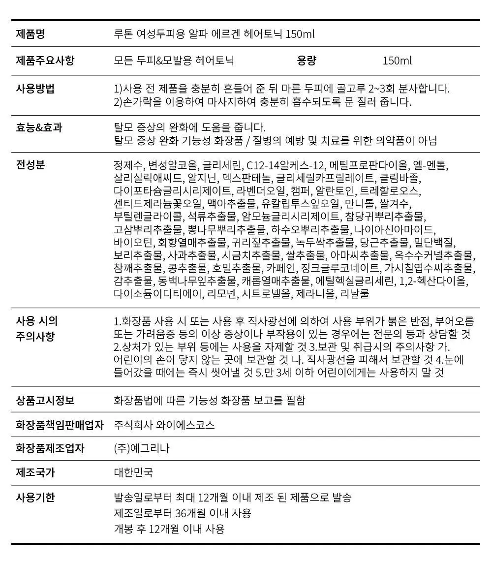 루톤 여성두피용 알파 에르겐 헤어토닉 150ml(탈모증상완화) 상세페이지 29