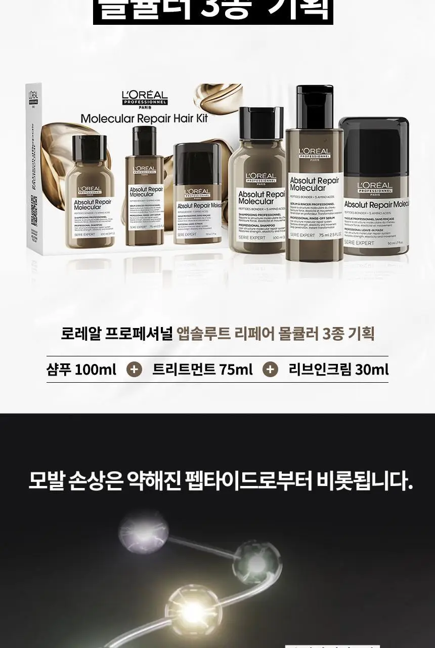 로레알 프로페셔널 앱솔루트 리페어 몰큘러 3종 세트(샴푸 100ml+워터 트리트먼트 75ml+리브인크림 30ml) 상세페이지 3