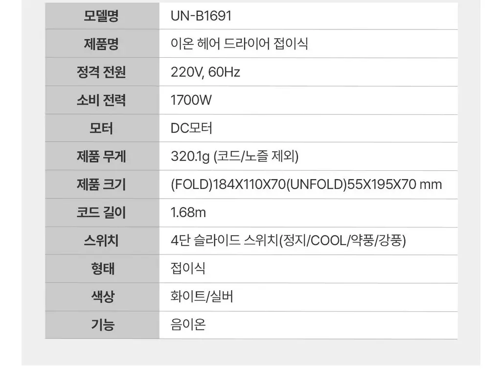 유닉스 이온드라이기 UN-B1691 접이식 1700W 상세페이지 23
