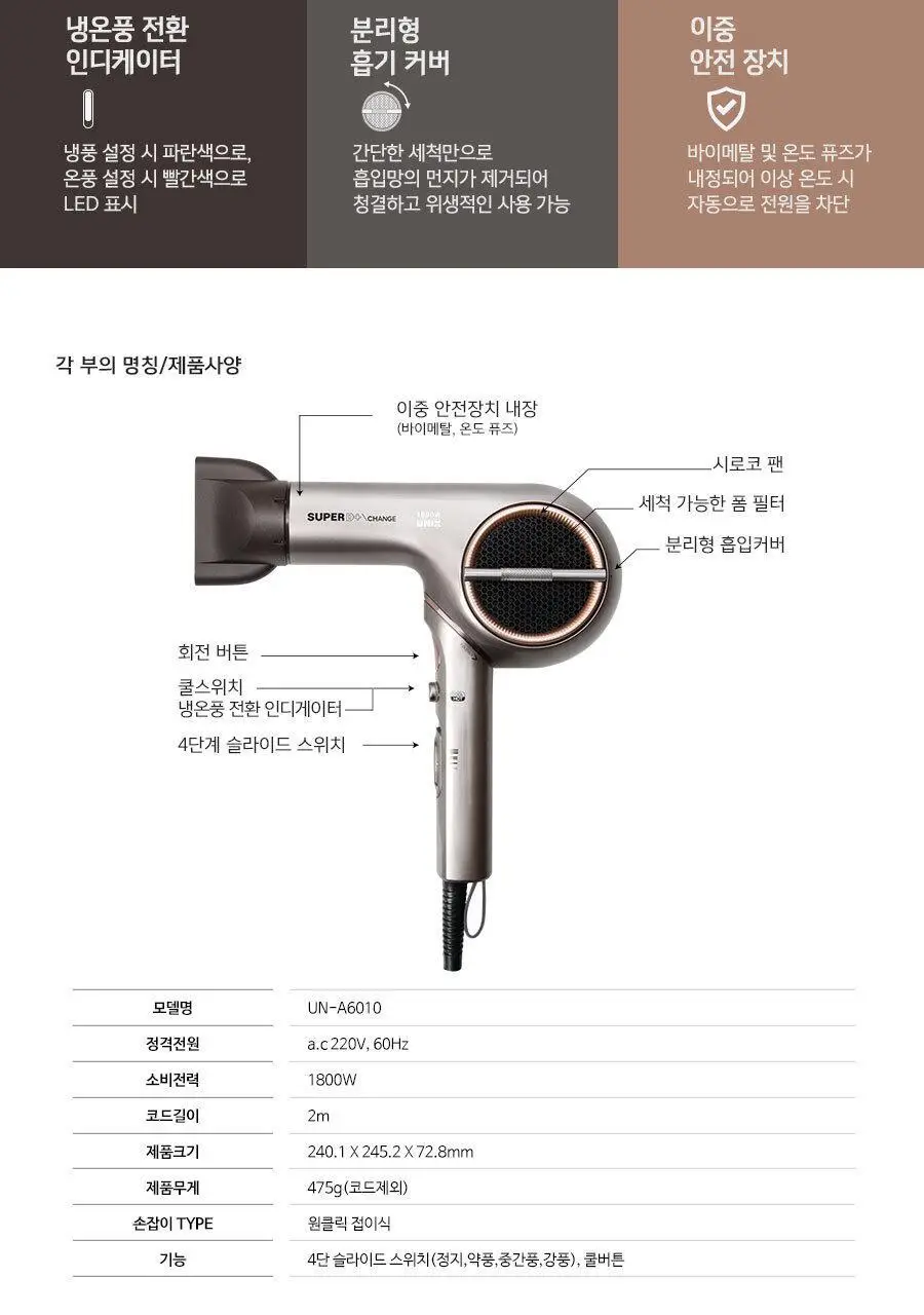 유닉스 Super D+ Change 드라이어 UN-A6010 상세페이지 5